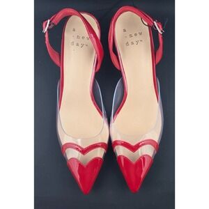 A New Day Heels Women Size 6.5 Red Clear Pointed Toe Eleanor Heart FREE SHIPPING